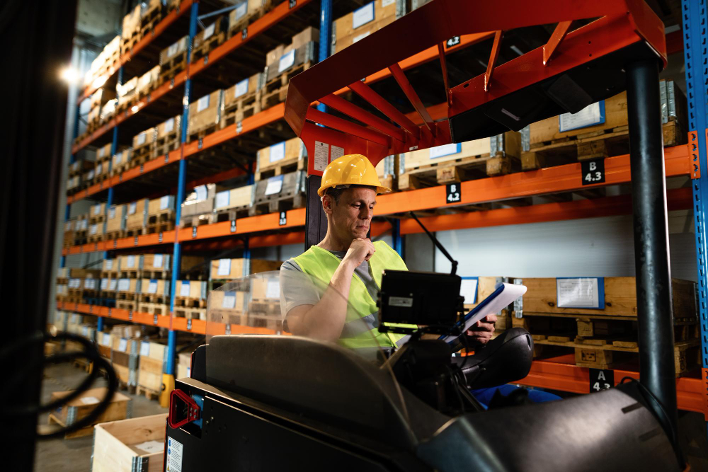 manual worker sitting forklift reading paperwork while working warehouse